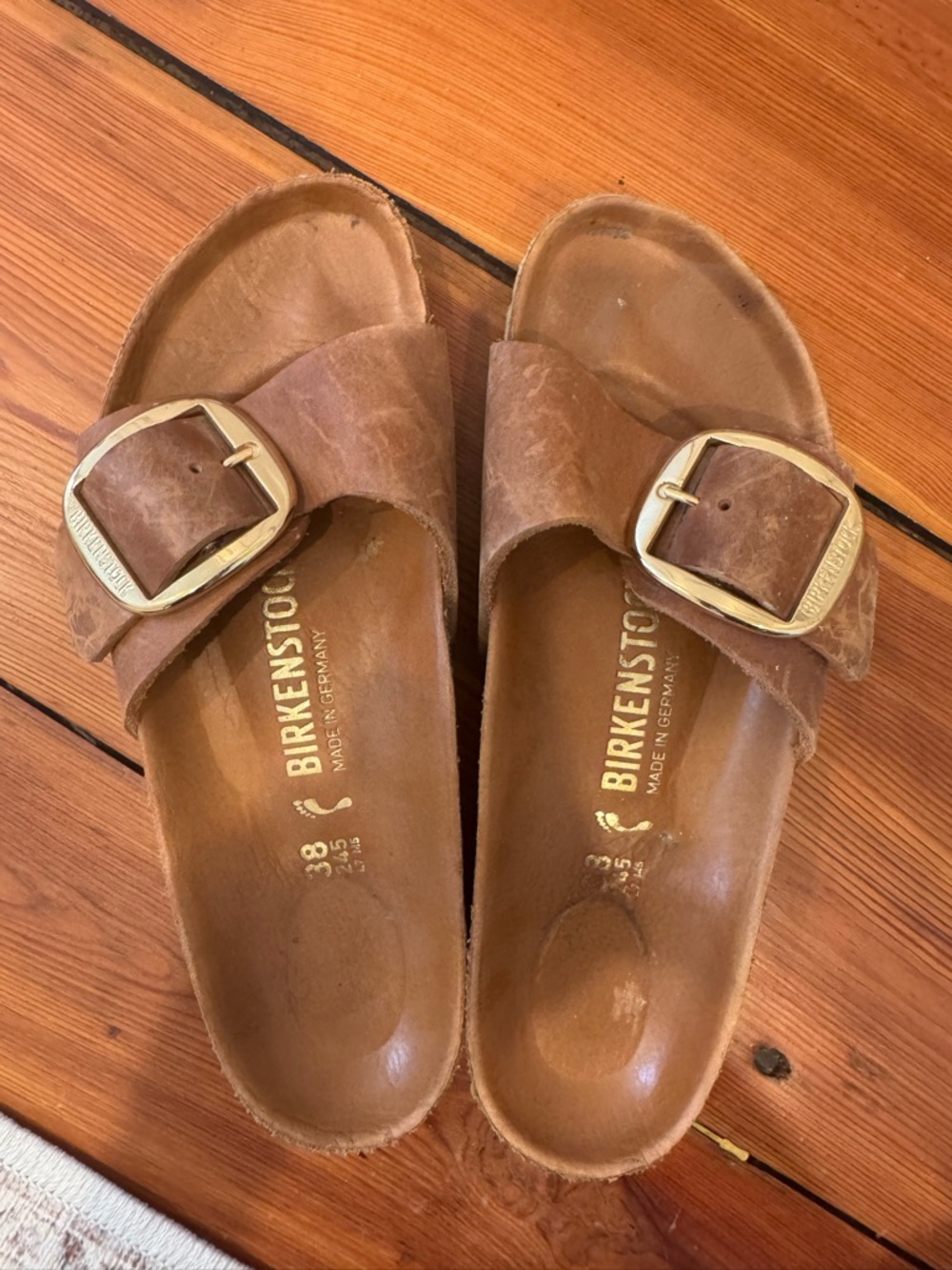 Birkenstock Brown Leather Single-Buckle Slides with Gold Buckles